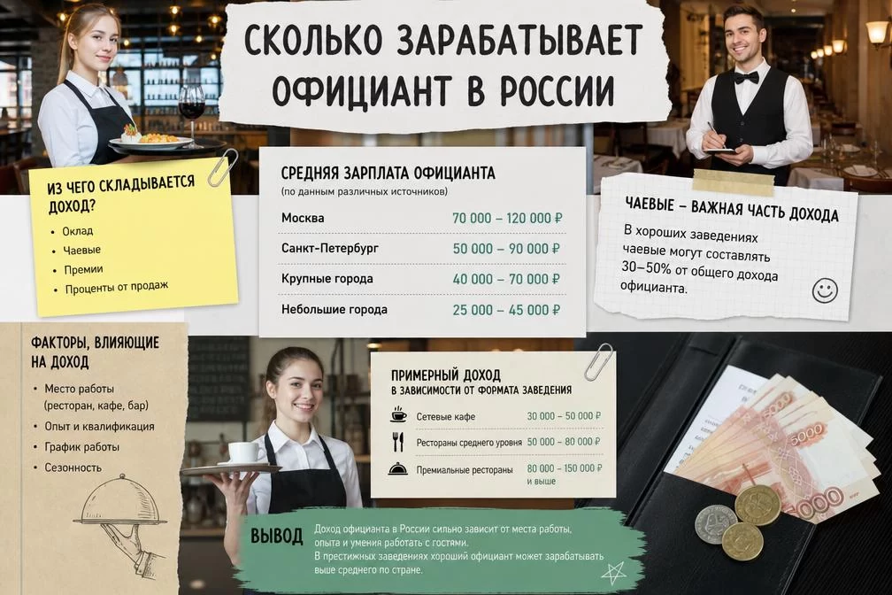 Сколько зарабатывает официант в России в 2026 году