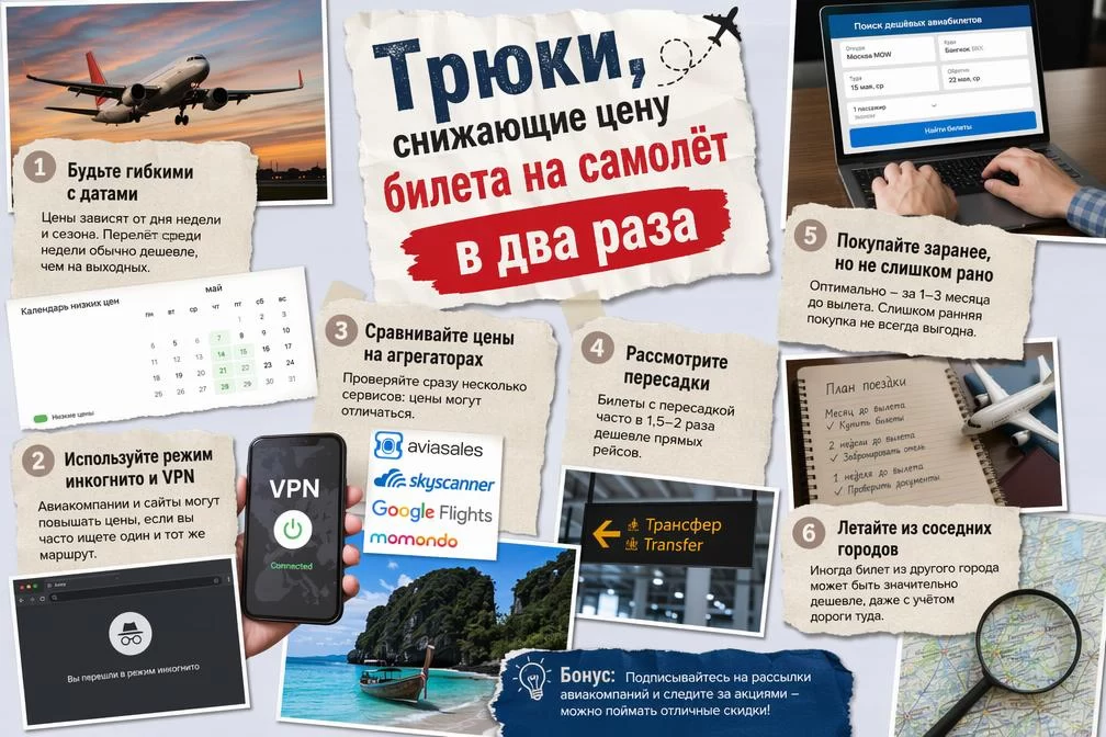Трюки, снижающие цену билета на самолёт в два раза